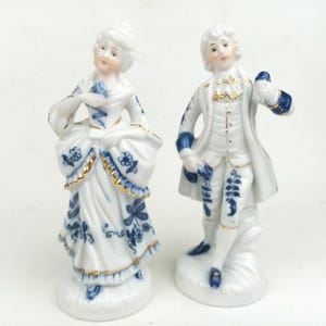 Victorian Style Blue White Porcelain Figurine, Norleans Japan, Rococo Couple