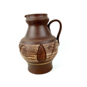 Vintage German Stoneware Jug, Art Pottery Pitcher, Country Style Decor, Farmhouse, Brown Leaf, 8&quot; tall
