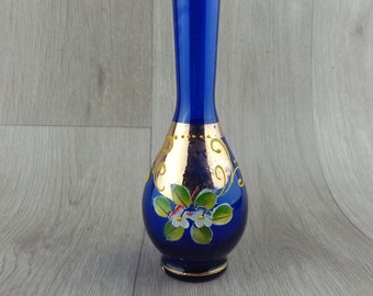 Vintage Czech Bohemian Glass Vase,  Cobalt Blue with Gold Gilt, Intricate Handpainted Floral Details, 6.88" tall