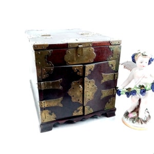Vintage Chinese Wood Lacquered Jewellery Box With Inlay Jade and Brass  Ornaments. Decorative Jewellery Organizer Box 