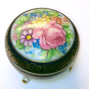 Vintage cobalt blue, gold and white lidded box, Footed Trinket Box, Floral Design Decor, Germany Porzellanwerk MartinRoda 1901 to 1972, 2.5&quot;