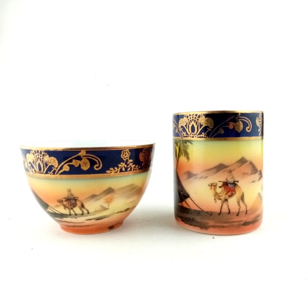 Élégant vintage Noritake China Gilded Bowl and Cup Set, Hand Painted Desert Design,