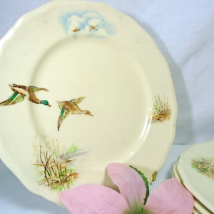 May include: Set of four cream-coloured ceramic plates with a scalloped edge. Each plate features a hand-painted design of ducks flying in a blue sky with clouds. The plates have a brown and green colour scheme.