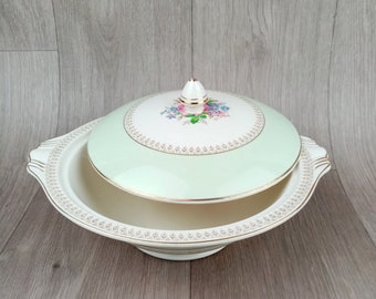 J&G Meakin täckt terrin – vintage engelsk halvporslinsrosdekor med guld-grönt band, 23 cm, 1920-talet