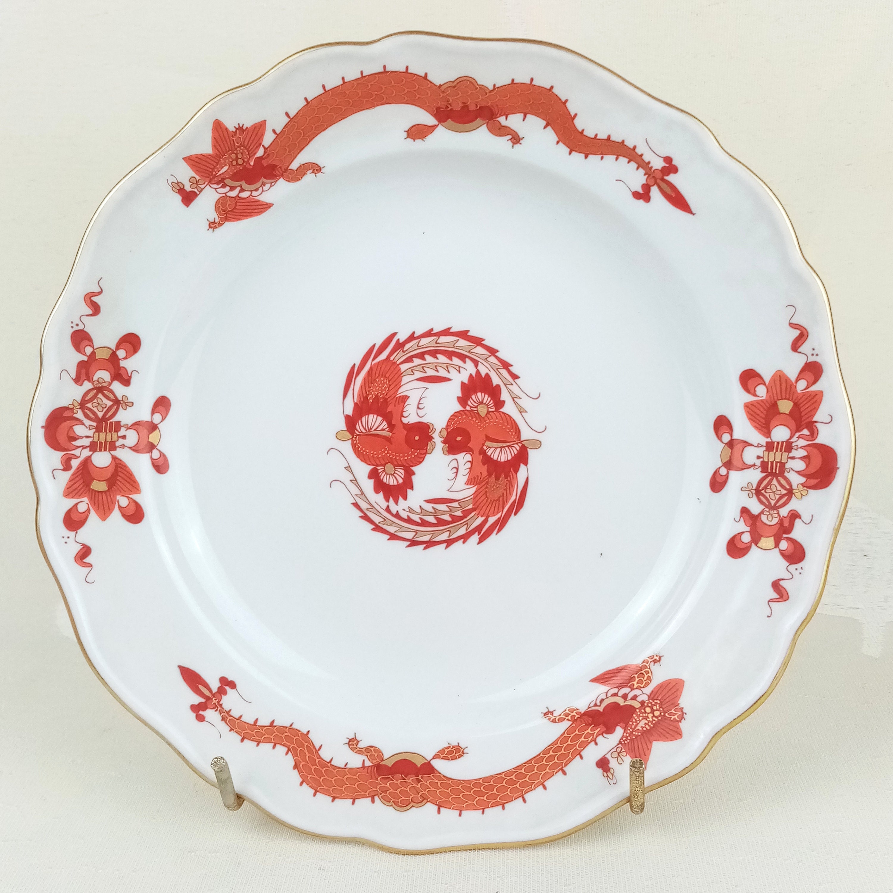 Meissen Dessertteller, Meissen Roter Drache, Goldzierteile gekreuzte Schwerter nach 1934, Porzellan, roter Drachen Muster Meissen MRD1, 18cm