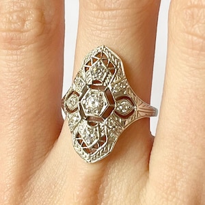 Art Deco Filigree Ring // Solid Sterling Silver, Cz Diamonds, Pave Milgrain detail, Cocktail anniversary ring, English Estate Gothic Rings