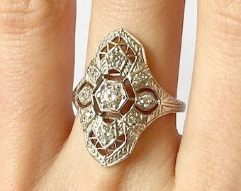 Art Deco Filigree Ring // Solid Sterling Silver, Cz Diamonds, Pave Milgrain detail, Cocktail anniversary ring, English Estate Gothic Rings