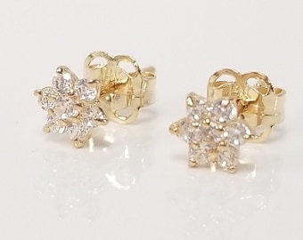 14k Diamond Flower Earrings // Solid 14k Gold. Lab Created Diamond Earrings. Flower Jewelry. Child Earrings Gift. CZ Cluster Earrings