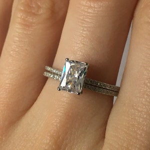 Radiant Cut Diamond Engagement Ring  // Solid Sterling Silver Wedding Set. Minimalist Emerald Cut Diamond Wedding Band.