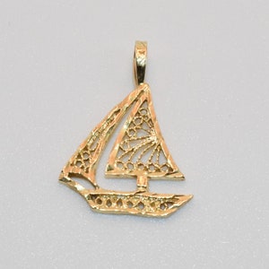 14k Sailboat Charm // Navy Mom Pendent, Solid 14k Yellow Gold, Beach Ocean Nautical Pendant, Scroll Filigree Navy Sailing Jewelry Gift