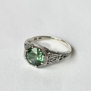 Antique 1 ct Emerald Topaz Ring // Solid Sterling Silver. Retro Art Deco. Estate Scroll Filigree. Unique Emerald Engagement. Simulant SALE