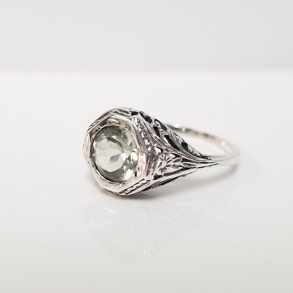 Antique Green Amethyst Ring // Solid Sterling Silver. Retro Art Deco. Estate Scroll Filigree. Floral Prasiolite Ring Pale Mint Green