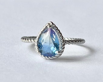 Pear Parti Sapphire Ring // Solid 925 Sterling Silver. Cubic Zirconia Gemstone with Aqua Yellow Pink colors. Twisted Rope Sky Blue Sunset