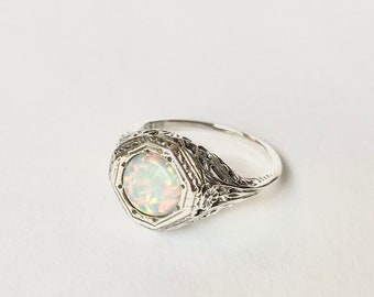 Antique Opal Ring // Solid Sterling Silver. Retro Art Deco. Estate Scroll Filigree. White Fire Opal.  October Birthstone Mothers Ring
