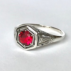 RESERVED Antique Ruby CZ Ring // Solid Sterling Silver Size 9 Rings. Estate Filigree Carved Silver, Hexagon Ruby Red Ring. 1 Carat Ruby image 1