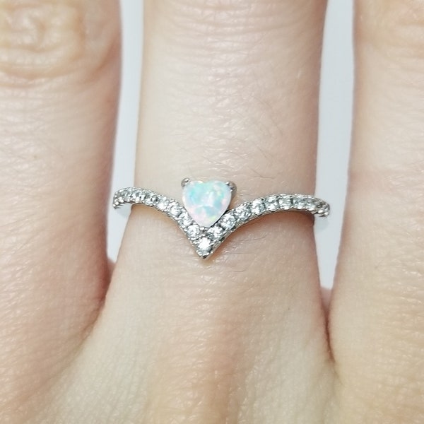 V Shaped Diamond Opal Ring //Solid Sterling Silver. Chevron Diamond Opal Band. White Heart Opal Valentines Rings, OCTOBER BIRTHSTONE