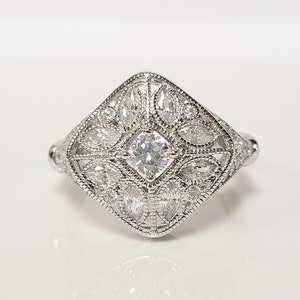 Diamond Filigree Sterling Silver Ring // Solid Sterling Silver Cz diamonds, milgrain detailing, Cocktail anniversary ring, Art Deco Rings