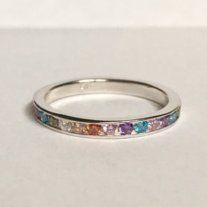 Pride Rainbow Eternity Ring // Rainbow Wedding Band, Solid 925 Sterling Silver, CZ Gemstone Ring. Round stackable. Size 6 7 8 9 LGBTQ