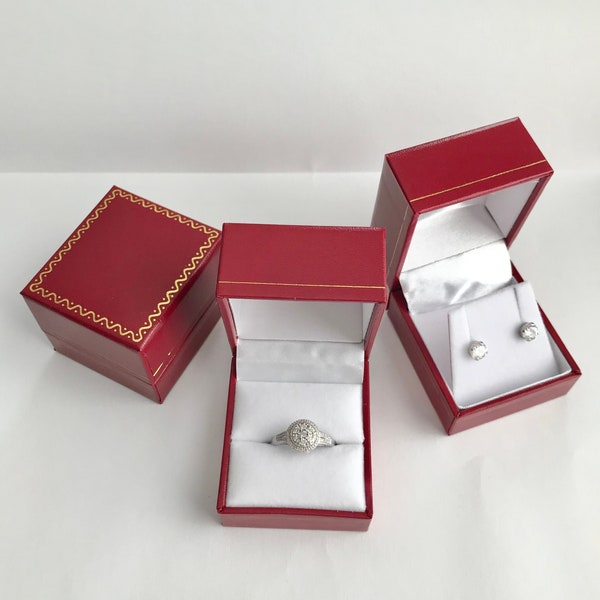 Red Leather Gift Box Option // Leatherite Ring Box with Gold Detail. Vintage-Style Earring Box. Jewelry Boxes Wholesale. Velvet Ring Box