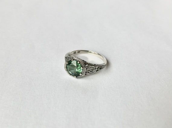 Sim Green Emerald Solid Sterling Silver Filigree Edwardian Dainty Ring Size MTO Sim Green Emerald Solid Sterling Silver Filigree Edwardian Dainty Ring Size MTO