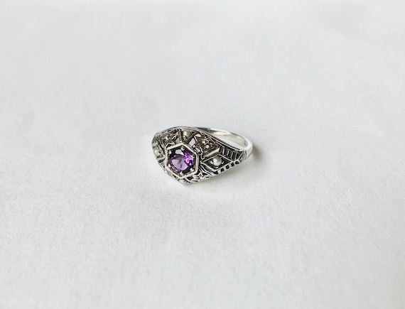 Amethyst Pearl Filigree Ring // Solid Sterling Si… - image 1