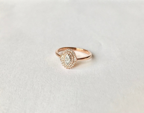 10k Diamond Halo Ring // Solid 10k Rose Gold, Nat… - image 1