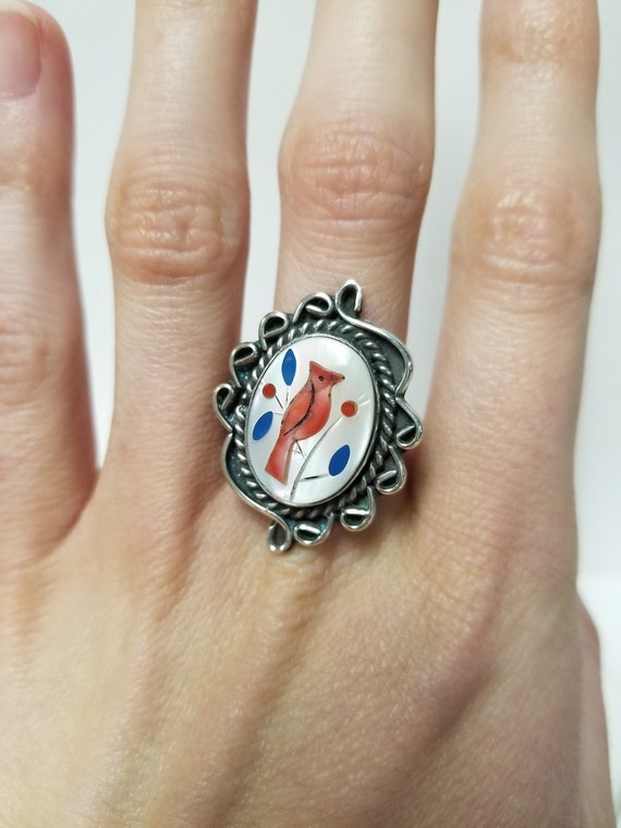 Red Cardinal Mother of Pearl Inlay Ring // 925 Sol