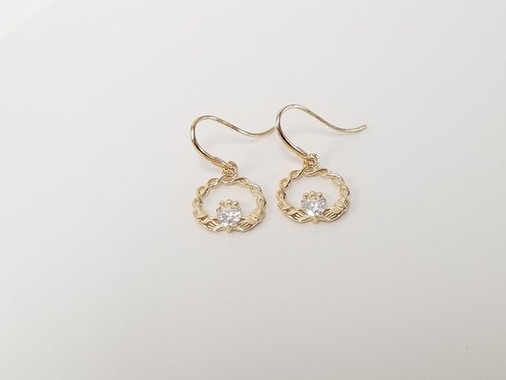 14k Gold Diamond Claddagh Earrings // Dangle Drop… - image 1