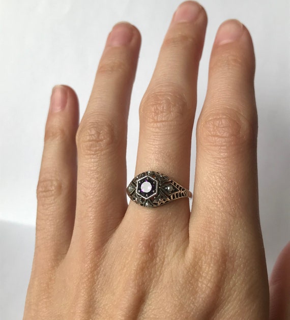 Amethyst Pearl Filigree Ring // Solid Sterling Si… - image 3