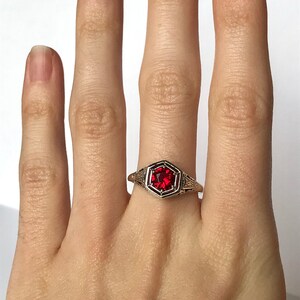 RESERVED Antique Ruby CZ Ring // Solid Sterling Silver Size 9 Rings. Estate Filigree Carved Silver, Hexagon Ruby Red Ring. 1 Carat Ruby image 3