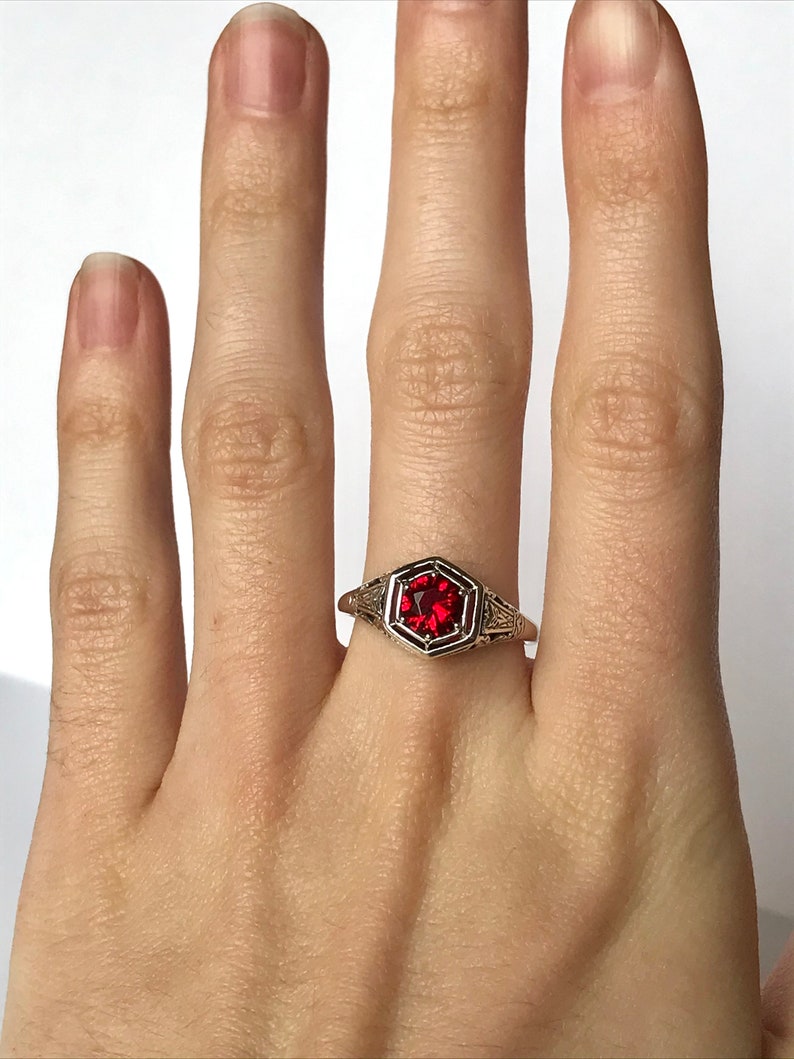 RESERVED Antique Ruby CZ Ring // Solid Sterling Silver Size 9 Rings. Estate Filigree Carved Silver, Hexagon Ruby Red Ring. 1 Carat Ruby image 3