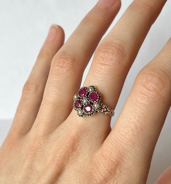 Ruby Pearl Ring // Solid Sterling Silver. Antique… - image 2