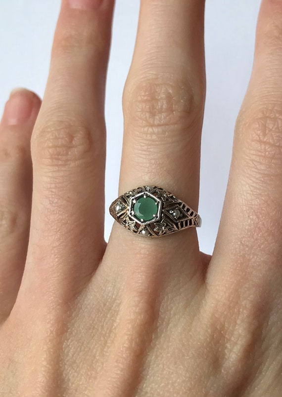 Natural Emerald Pearl Filigree Ring // Solid Ster… - image 2