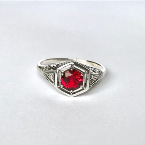 RESERVED Antique Ruby CZ Ring // Solid Sterling Silver Size 9 Rings. Estate Filigree Carved Silver, Hexagon Ruby Red Ring. 1 Carat Ruby image 2