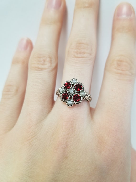 Garnet Pearl Ring // Solid Sterling Silver. Antiq… - image 2