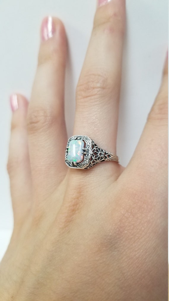 Antique Opal Ring // Solid Sterling Silver. Emera… - image 1