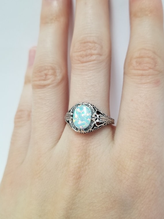 Opal Filigree Ring // Solid Sterling Silver. 2 ct 
