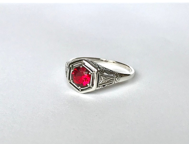 RESERVED Antique Ruby CZ Ring // Solid Sterling Silver Size 9 Rings. Estate Filigree Carved Silver, Hexagon Ruby Red Ring. 1 Carat Ruby image 1