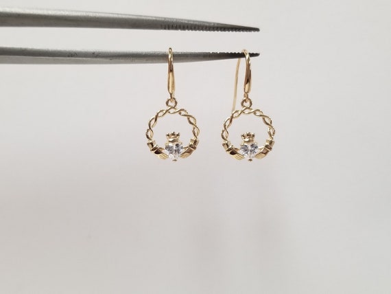 14k Gold Diamond Claddagh Earrings // Dangle Drop… - image 4