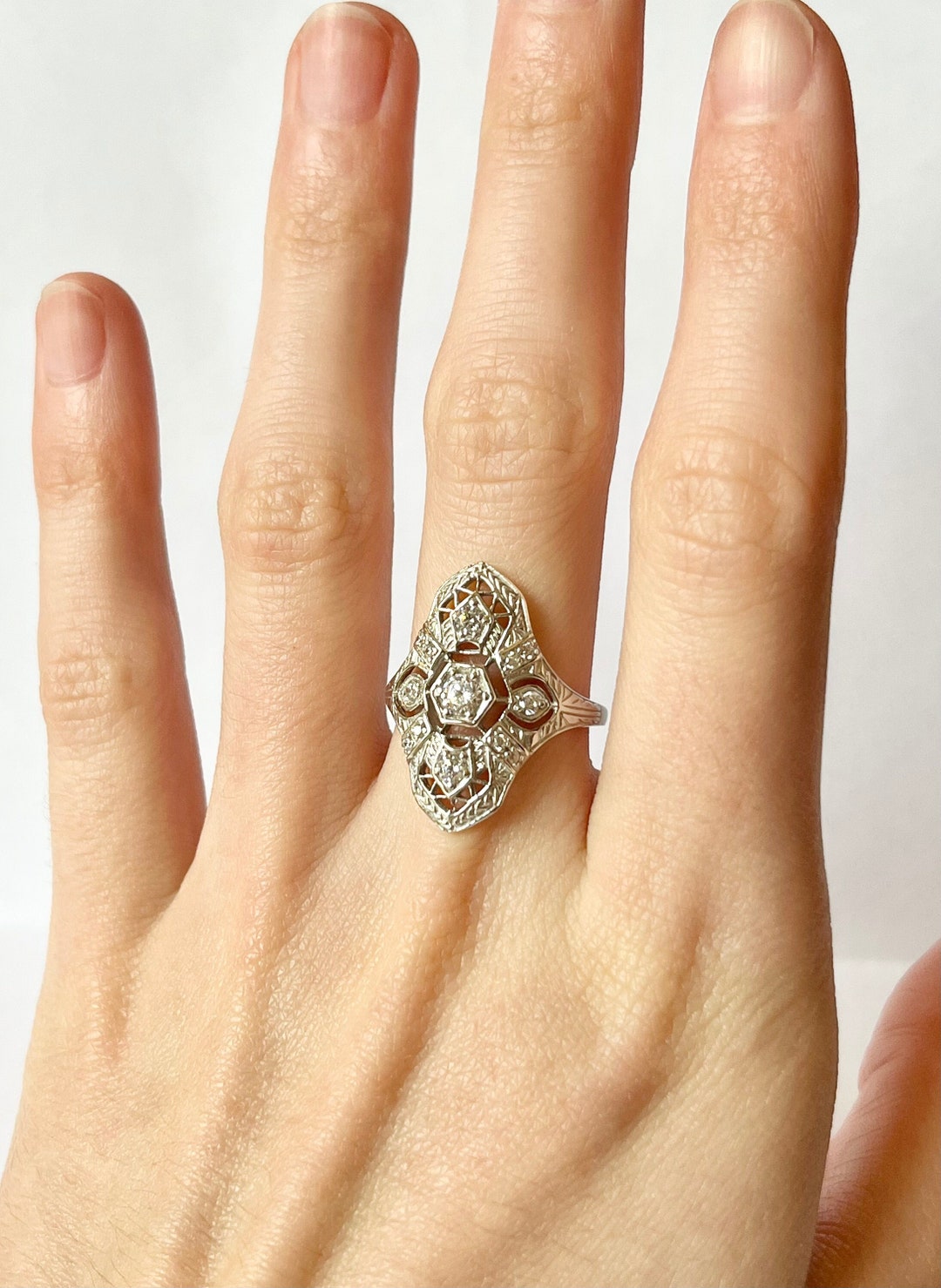 Art Deco Filigree Ring // Solid Sterling Silver, Cz Diamonds, Pave ...