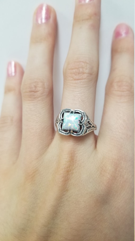 Antique Opal Ring Solid Sterling Silver. Square Opal Victorian