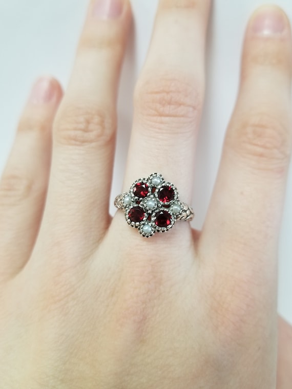 Garnet Pearl Ring // Solid Sterling Silver. Antiq… - image 3