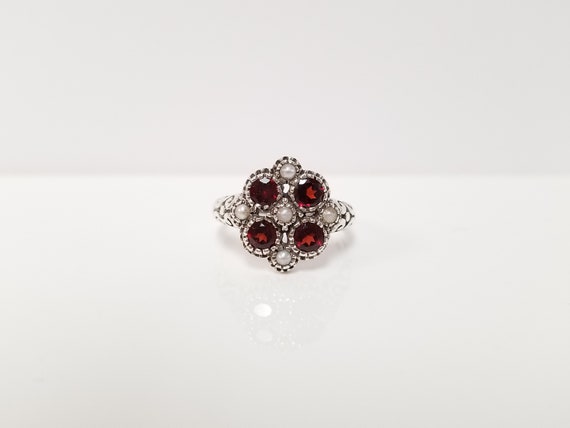 Garnet Pearl Ring // Solid Sterling Silver. Antiq… - image 4