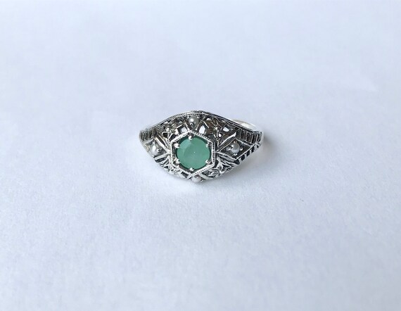 Natural Emerald Pearl Filigree Ring // Solid Ster… - image 3