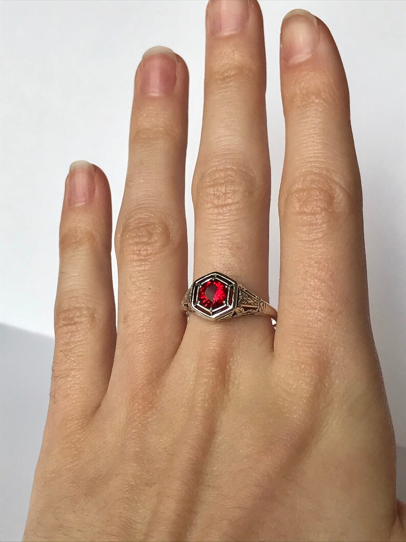 RESERVED Antique Ruby CZ Ring // Solid Sterling Silver Size 9 Rings. Estate Filigree Carved Silver, Hexagon Ruby Red Ring. 1 Carat Ruby image 4