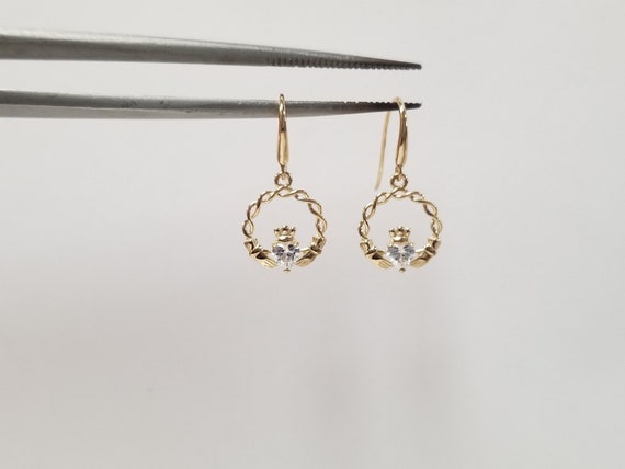 14k Gold Diamond Claddagh Earrings // Dangle Drop… - image 5