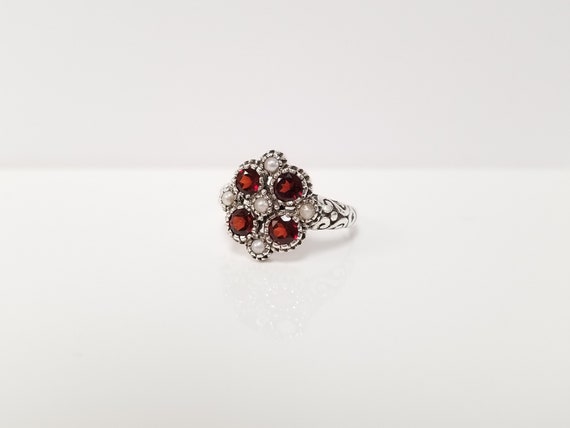 Garnet Pearl Ring // Solid Sterling Silver. Antiq… - image 1