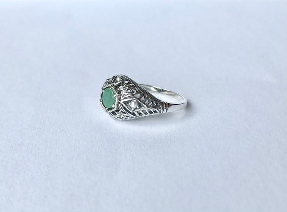 Natural Emerald Pearl Filigree Ring // Solid Ster… - image 5