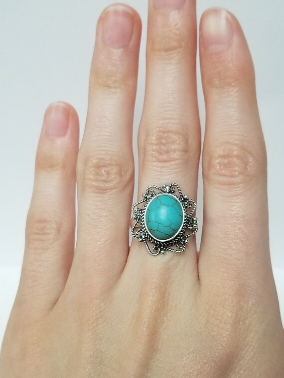Large Turquoise Paste Ring // Solid Sterling Silv… - image 2