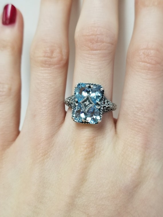 Antique 2ct Blue Topaz and Diamond Ring // Solid S